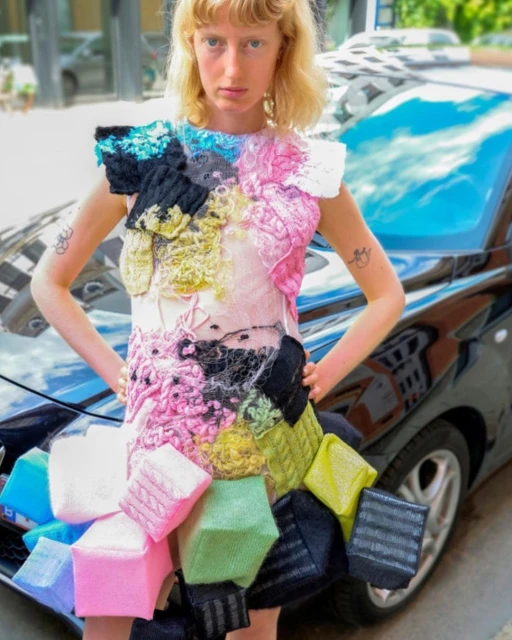 Adult female posing outdoors wearing a multi-textured colorful dress with geometric cube details, with a modern car in the background.