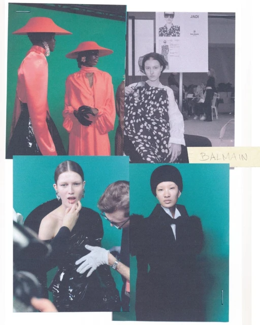 Fashion shoot collage: models in pink hats/dresses, black dress fitting, and coat against a green backdrop, capturing backstage style.