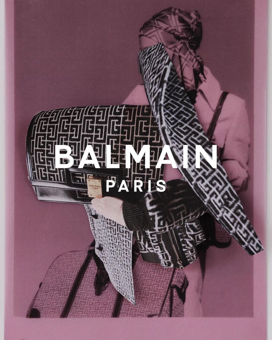 Fashion editorial featuring a model wearing a pink coat and headscarf, accented by a Balmain handbag and geometric patterned jacket.