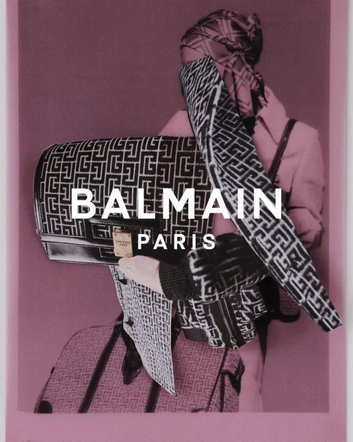 Fashion editorial featuring a model wearing a pink coat and headscarf, accented by a Balmain handbag and geometric patterned jacket.