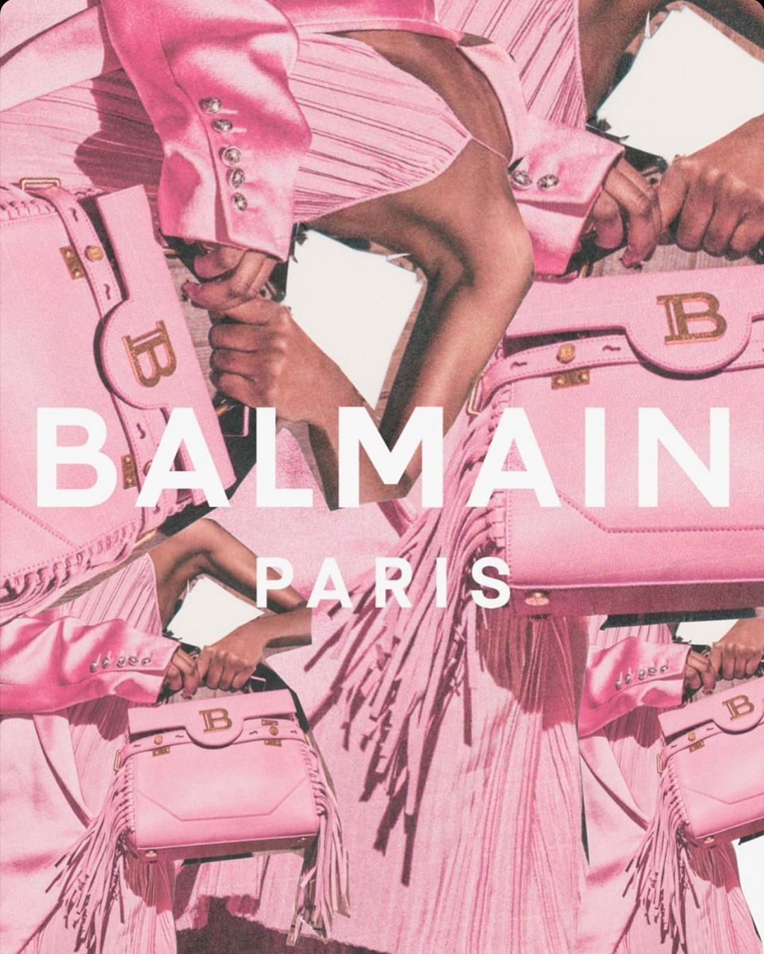 Pink-toned fashion collage featuring a woman with a Balmain handbag, adorned with fringe, alongside the Balmain Paris logo in white.