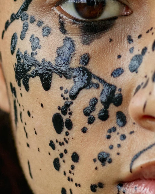 Close-up portrait of a fair-skinned adult with black paint on the face and one eye visible, showcasing beauty and artistry in a studio setting.