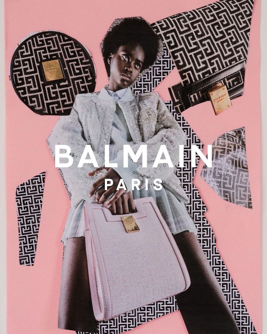 Mixed media fashion collage by Mariya Pepelanova featuring a Black woman holding a pink handbag against a pink background