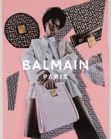 Mixed media fashion collage by Mariya Pepelanova featuring a Black woman holding a pink handbag against a pink background