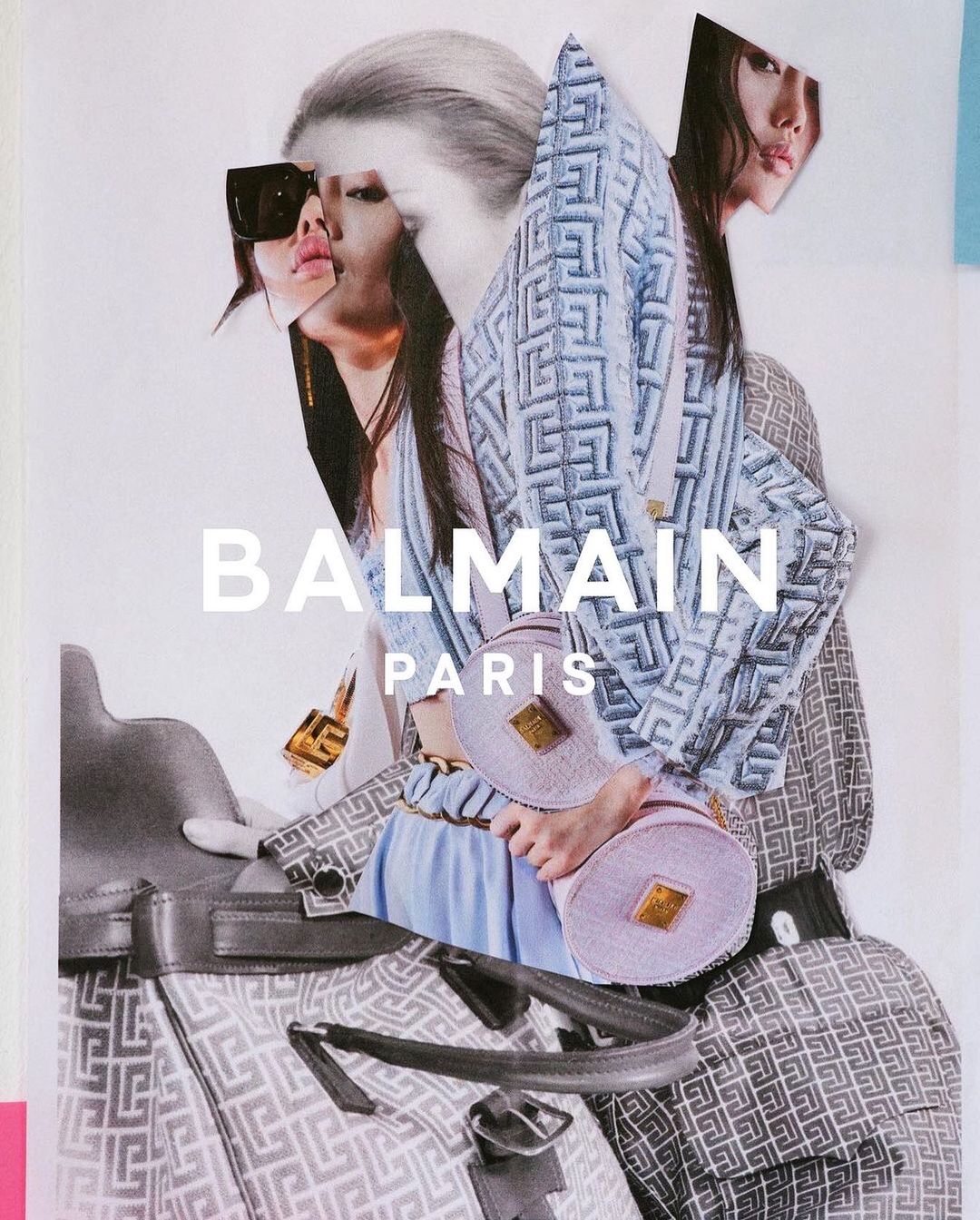Fashion collage featuring a woman in a patterned jacket and skirt, accessorized with a handbag and sunglasses, against a white backdrop.