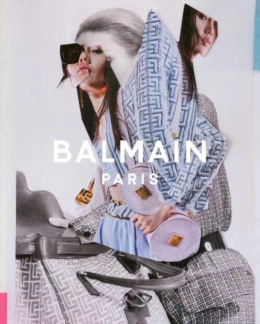 Fashion collage featuring a woman in a patterned jacket and skirt, accessorized with a handbag and sunglasses, against a white backdrop.