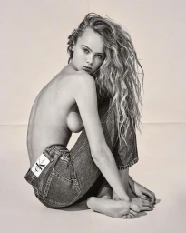 Model with long curly hair seated wearing denim jeans against a plain background