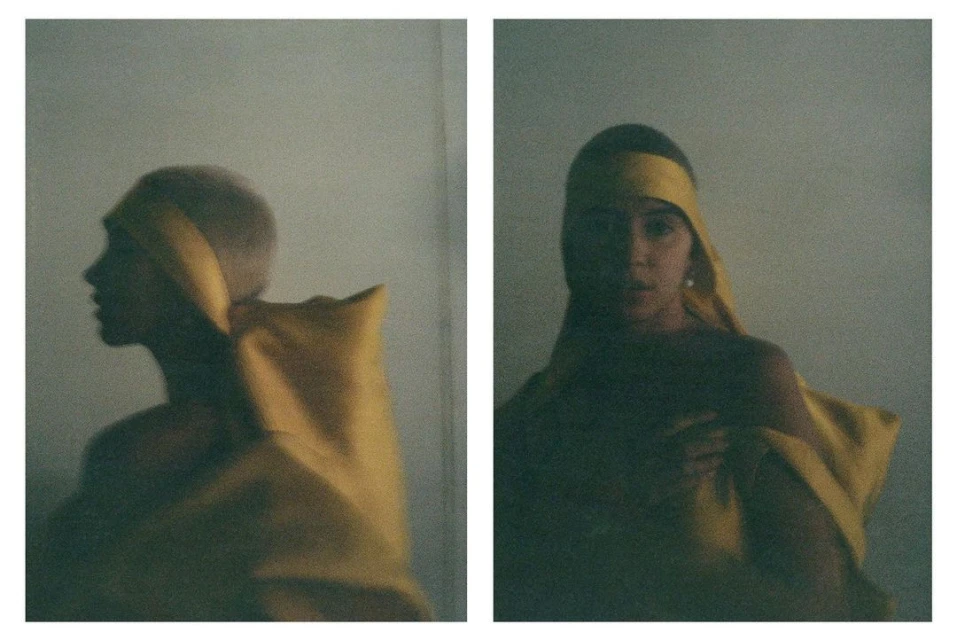 Artistic diptych of a person with a short haircut, wearing a yellow headscarf and draped cloth, against a neutral, soft-lit background.