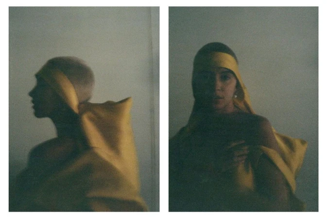 Artistic diptych of a person with a short haircut, wearing a yellow headscarf and draped cloth, against a neutral, soft-lit background.