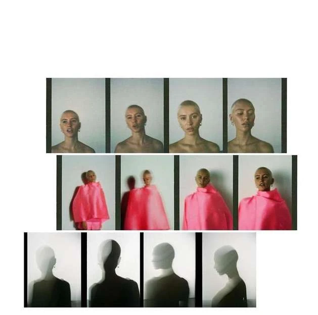 Compilation of woman with shaved head in photo studio. First set shows her face and the second shows her with pink fabric.