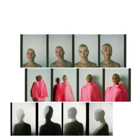 Compilation of woman with shaved head in photo studio. First set shows her face and the second shows her with pink fabric.