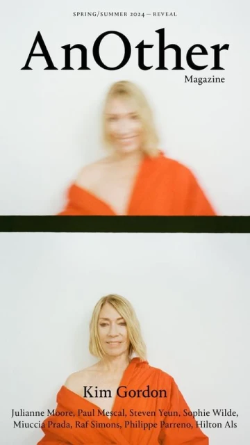 Magazine cover featuring Kim Gordon in an off-the-shoulder dress. The background is plain white. AnOther magazine is at the top.