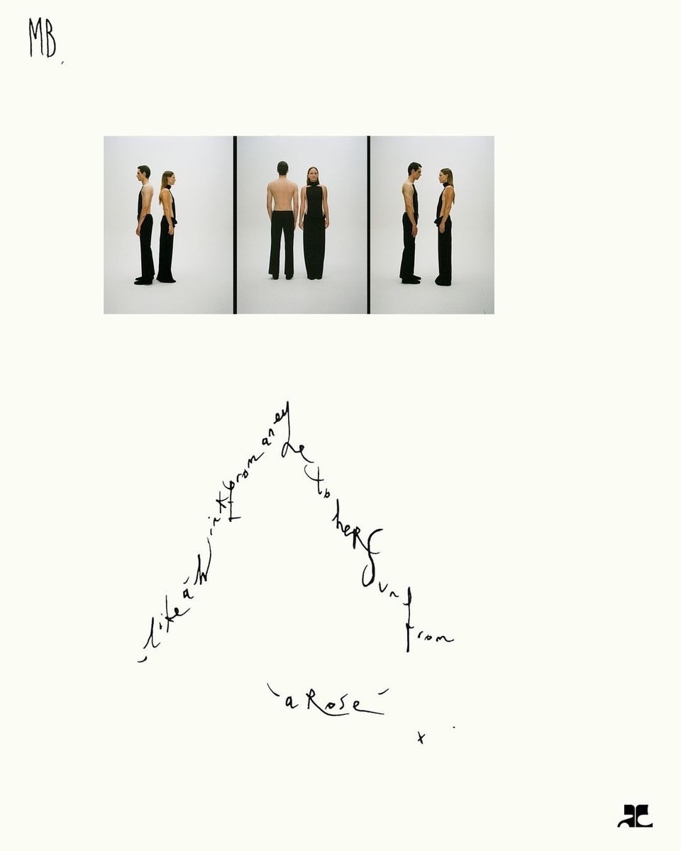 Triptych displays two adults in fashion-forward dark apparel, one shirtless. Triangle of text below with 'La Rose' visible on a cream backdrop.