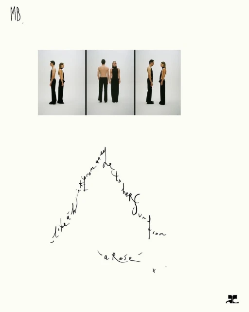 Triptych displays two adults in fashion-forward dark apparel, one shirtless. Triangle of text below with 'La Rose' visible on a cream backdrop.