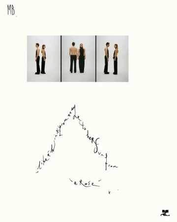Triptych displays two adults in fashion-forward dark apparel, one shirtless. Triangle of text below with 'La Rose' visible on a cream backdrop.