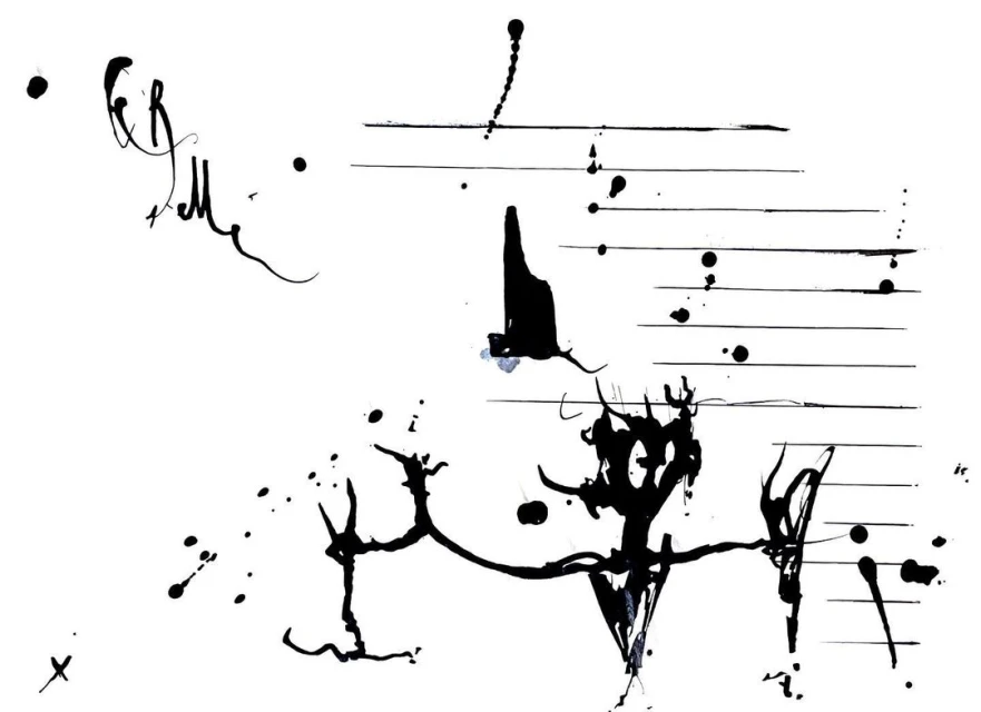 Black ink abstract illustration on white backdrop featuring lines, splatters, and handwritten marks creating a dynamic visual artwork.