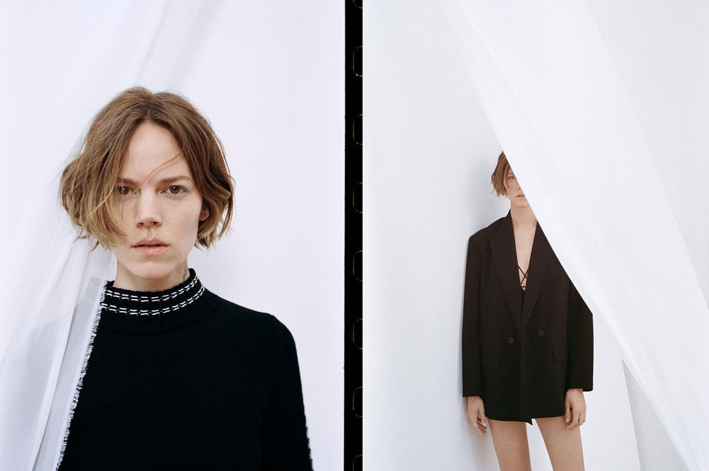 Split-screen fashion shot: a model in black top with white trim versus a model in a dark blazer, each framed by draped white fabric.