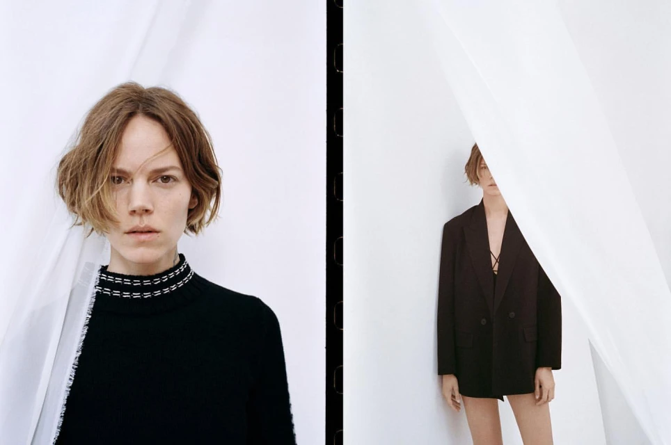 Split-screen fashion shot: a model in black top with white trim versus a model in a dark blazer, each framed by draped white fabric.