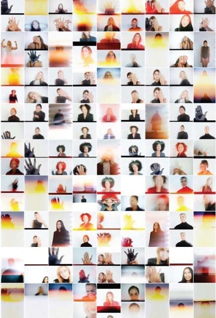 Photo mosaic featuring multiple portraits of diverse adults, with many holding up hands, set against white and blurred colorful backgrounds.