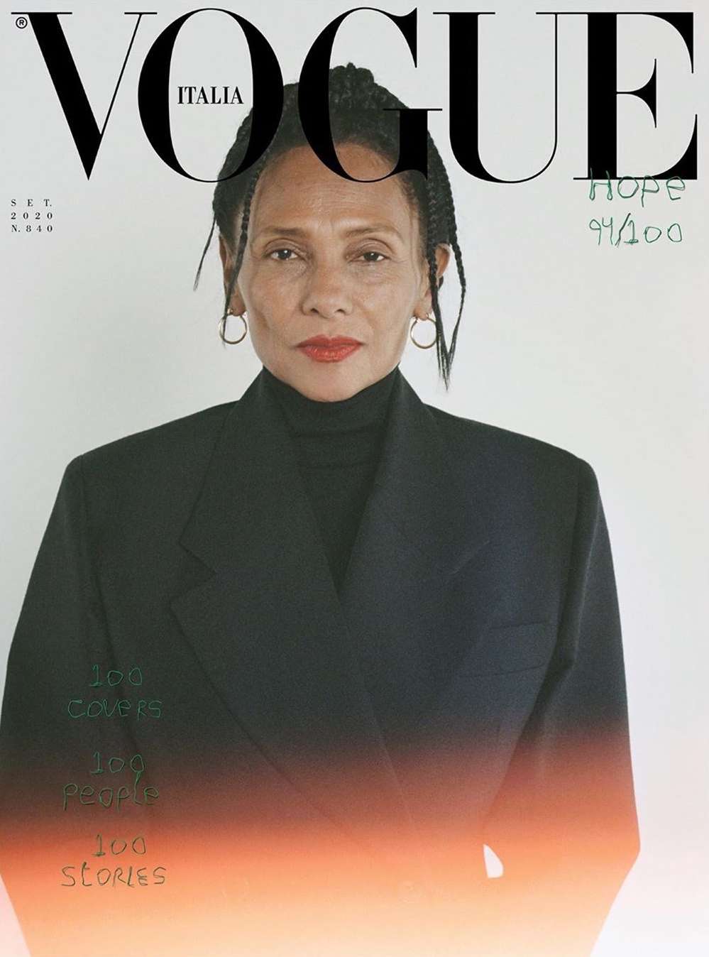 Vogue Italia cover featuring an adult female with dark hair in a black blazer. Magazine text and handwritten notes are visible.
