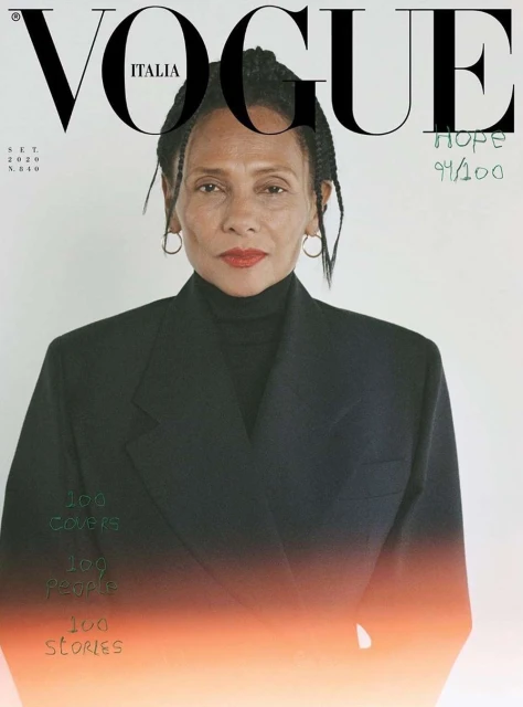 Vogue Italia cover featuring an adult female with dark hair in a black blazer. Magazine text and handwritten notes are visible.