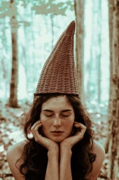 Woman wearing a tall pointed woven wicker hat with her eyes closed and hands resting gently under her chin in a forest.