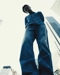 Low angle portrait of a black man wearing a denim shirt and matching trousers against tall urban buildings