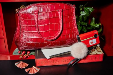 Red crocodile leather handbag resting on books with a red instant camera and floral sprigs inside a red shelving unit