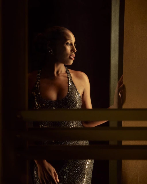 Glamorous woman with an elegant updo, wearing a sparkling dress, looking to the side in a softly lit, dark indoor setting.