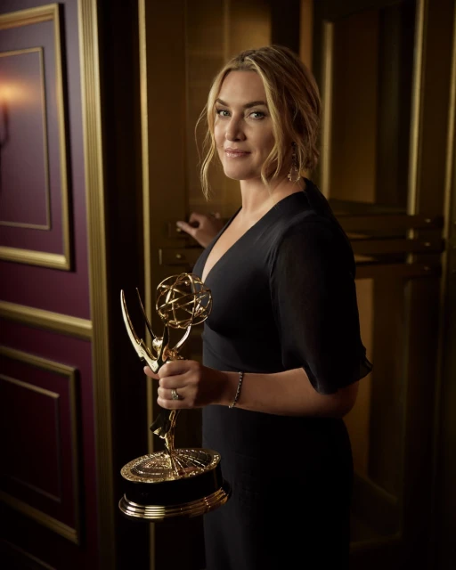 Portrait of Kate Winslet holding an Emmy award in a gold-accented interior setting, wearing a dark dress and soft hair, looking at the camera.