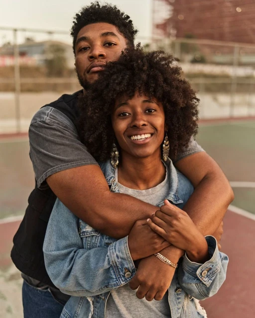 Smiling Black couple embraces outdoors. Young Black man hugs smiling Black woman from behind; she wears earrings and a denim jacket.
