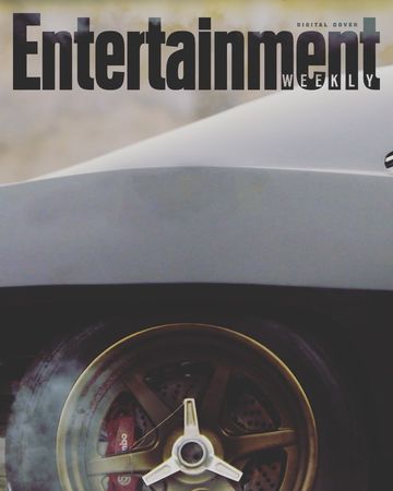 Entertainment Weekly cover featuring the front of a grey car with a bronze wheel and tire, with a Brembo brake and smoke.