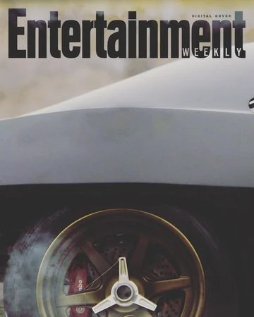 Entertainment Weekly cover featuring the front of a grey car with a bronze wheel and tire, with a Brembo brake and smoke.