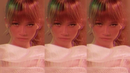 Portrait of Zendaya with chromatic aberration effect, wearing a light ruffled top against a warm reddish background