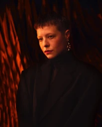 Portrait of a person with short hair wearing a black blazer and dark turtleneck against a textured orange backdrop