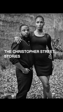 Monochrome portrait of a man and a tall woman standing together outdoors with graffiti wall background and text overlay