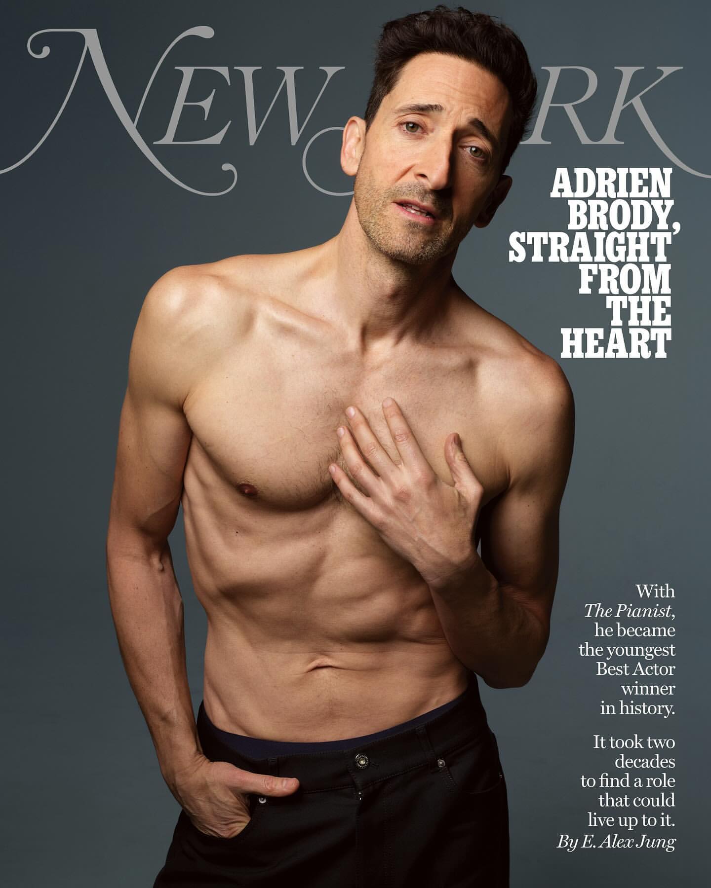 Magazine cover featuring Adrien Brody. He is shirtless and wearing black pants. The text on the cover says New York and his name.