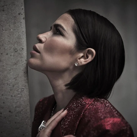 Adult woman with short dark hair poses in a red sequined jacket while leaning against a concrete wall in a close up shot.