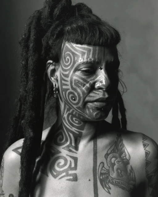 Striking black and white portrait of a woman with dreadlocks, distinctive face tattoos, and multiple piercings, creating a unique aesthetic.