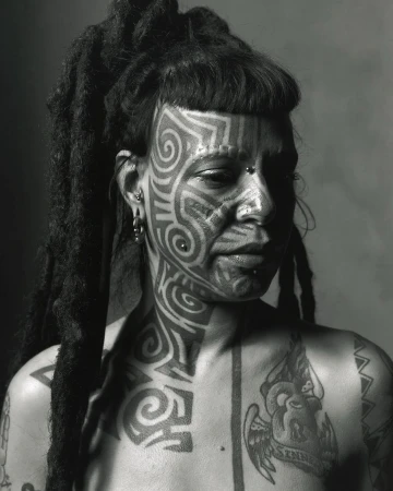 Striking black and white portrait of a woman with dreadlocks, distinctive face tattoos, and multiple piercings, creating a unique aesthetic.