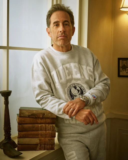 Portrait of an adult male with gray hair wearing a sweatshirt, posing indoors, next to a stack of books and a decorative candle holder.