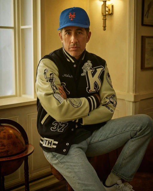Man in a blue baseball cap and letterman jacket poses indoors, sitting on a stool with arms crossed, looking at the camera with neutral expression.