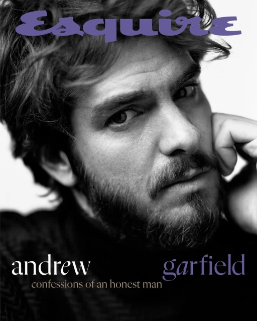 Black-and-white portrait of Andrew Garfield on the cover of Esquire magazine, head resting on his hand, thoughtful expression.