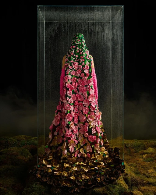 Person in a haute couture flower dress inside a glass display case standing on moss in front of a dark background with fog-like mist.