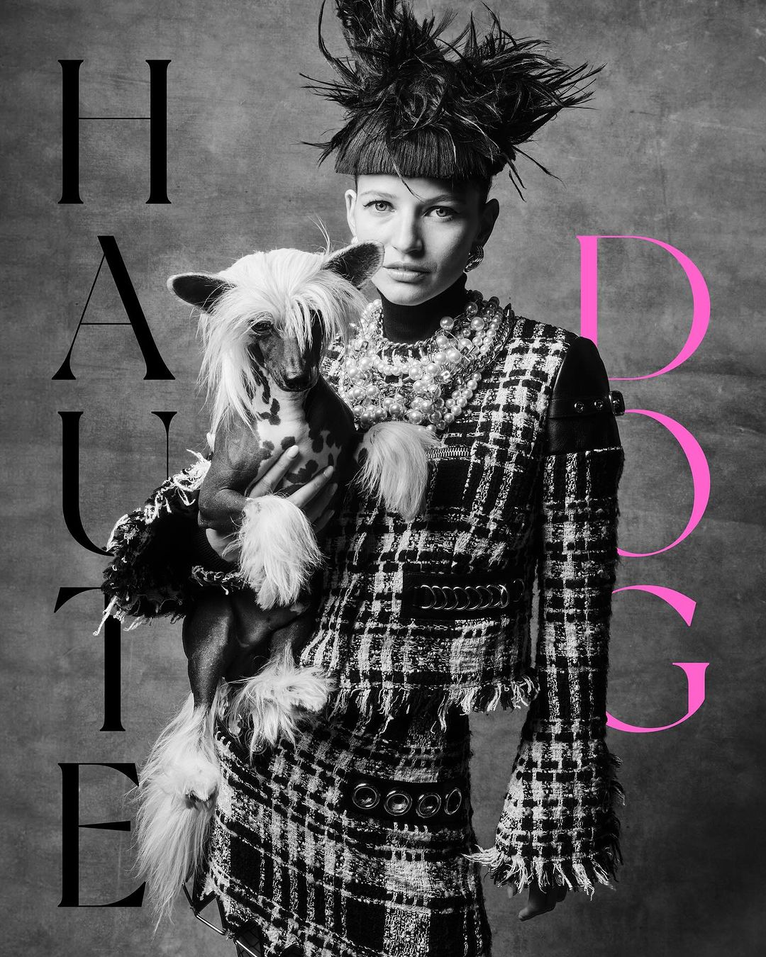 A woman in a tweed suit holds a Chinese Crested dog against a grey mottled backdrop with text. The photo is in black and white with pink text.