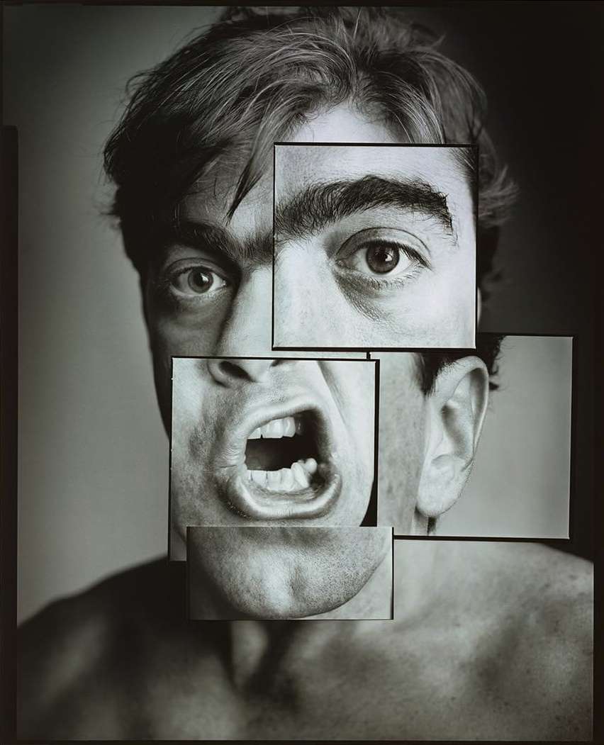 Monochrome portrait of a man with face fragment collage; including eyes, mouth, and chin. Close-up with fair skin.