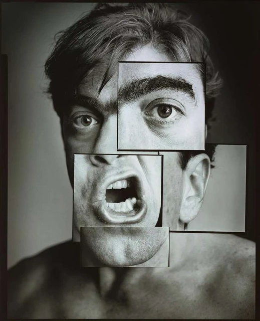 Monochrome portrait of a man with face fragment collage; including eyes, mouth, and chin. Close-up with fair skin.
