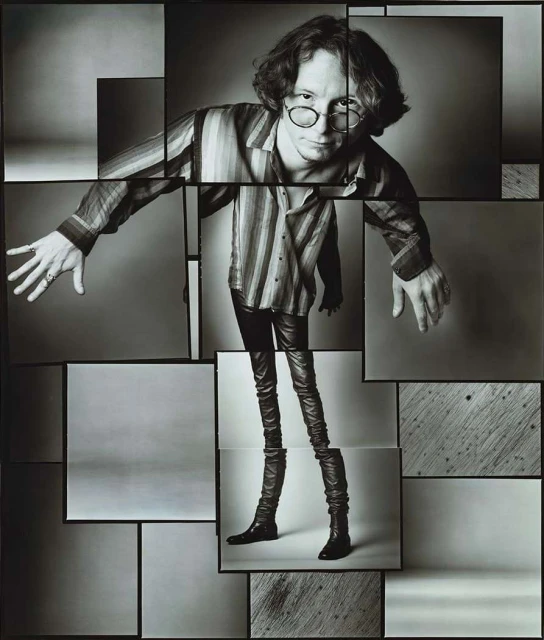 Black and white photographic art of a single adult male with glasses in a striped shirt, leather pants, and boots, collage style.