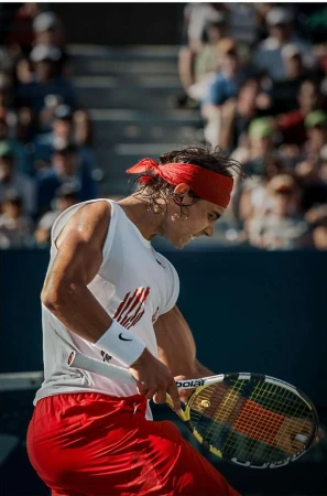 Professional tennis player with red headband in action on outdoor tennis court, focused and determined during a match.