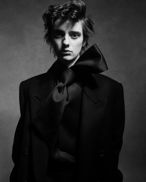 Portrait of a woman with short hair in a black coat and oversized bow tie against a muted grey background in black and white.